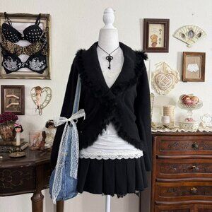 dark coquette romantic goth cozy black knit cardigan w real fur trim